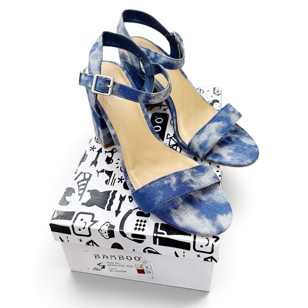 Bamboo Appetite-37S Womens Acid Wash Blue Denim Block Heel Sandals Size 9 New - Picture 1 of 8